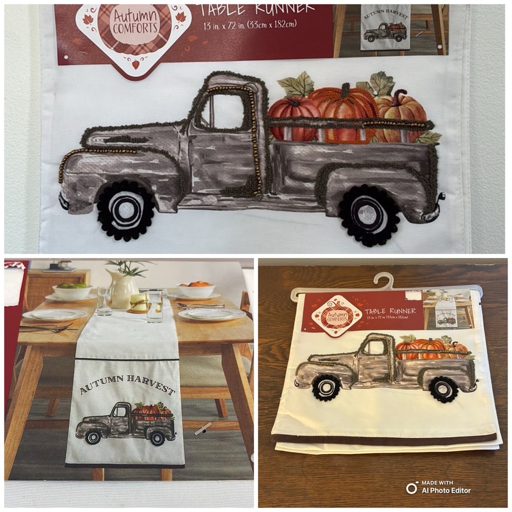 White- “Autumn Harvest”- Bead & Fabric Outlined Farm Truck- Table Runner